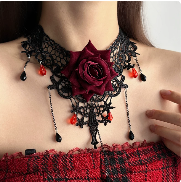 Gothic Lace Rose Choker Set | Red/Black Flower Necklace & Bracelet