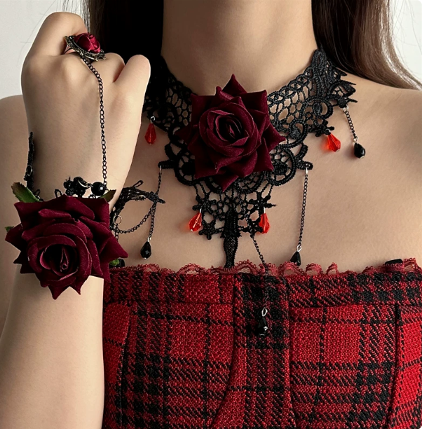 Gothic Lace Rose Choker Set | Red/Black Flower Necklace & Bracelet