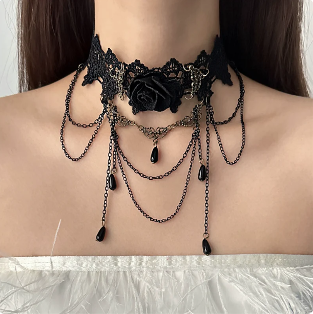 Gothic Lace Rose Choker Set | Red/Black Flower Necklace & Bracelet