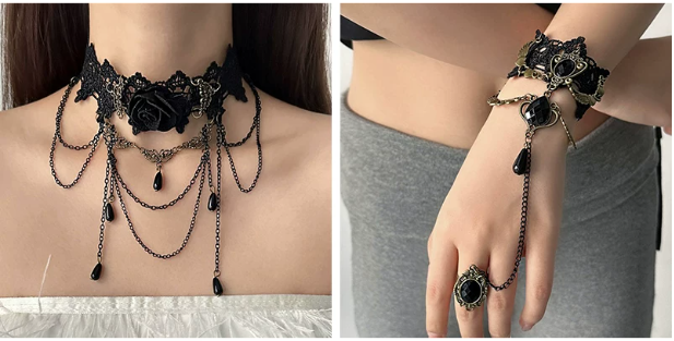 Gothic Lace Rose Choker Set | Red/Black Flower Necklace & Bracelet