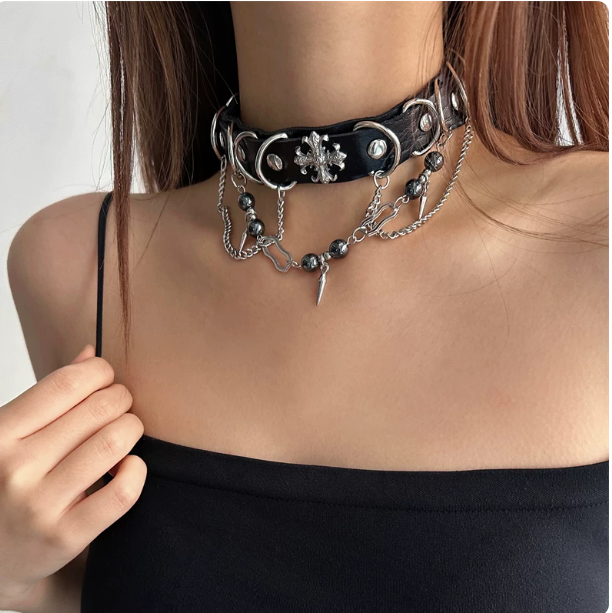 Punk Leather Cross Choker | Black/White Spike Chain Choker