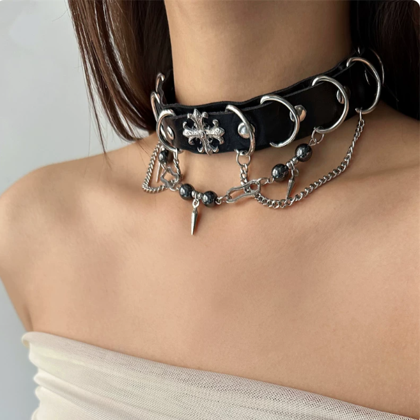 Punk Leather Cross Choker | Black/White Spike Chain Choker