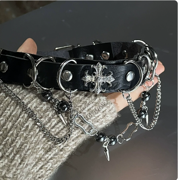 Punk Leather Cross Choker | Black/White Spike Chain Choker