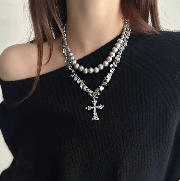 Y2K Double Layer Cross Necklace | Pearl & Rhinestone Choker