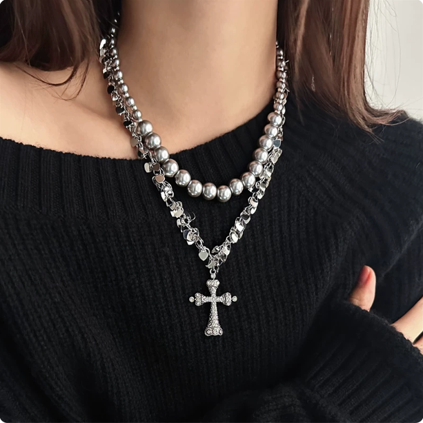 Y2K Double Layer Cross Necklace | Pearl & Rhinestone Choker