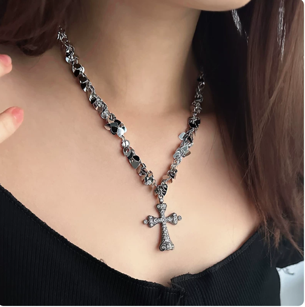 Y2K Double Layer Cross Necklace | Pearl & Rhinestone Choker