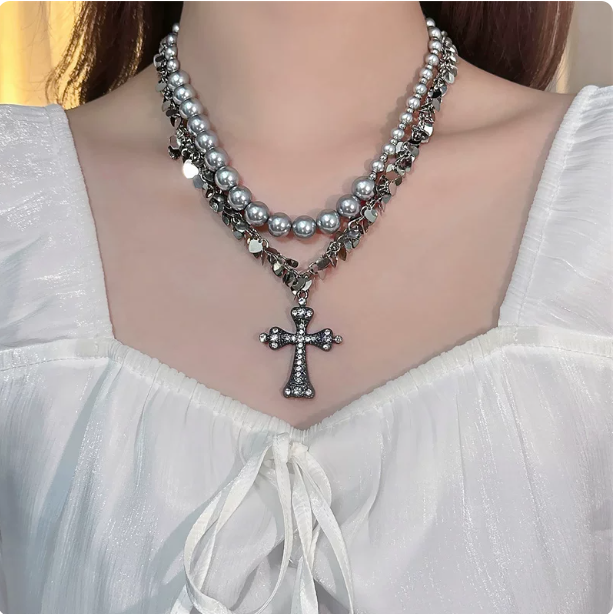 Y2K Double Layer Cross Necklace | Pearl & Rhinestone Choker