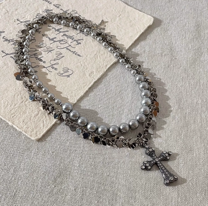 Y2K Double Layer Cross Necklace | Pearl & Rhinestone Choker