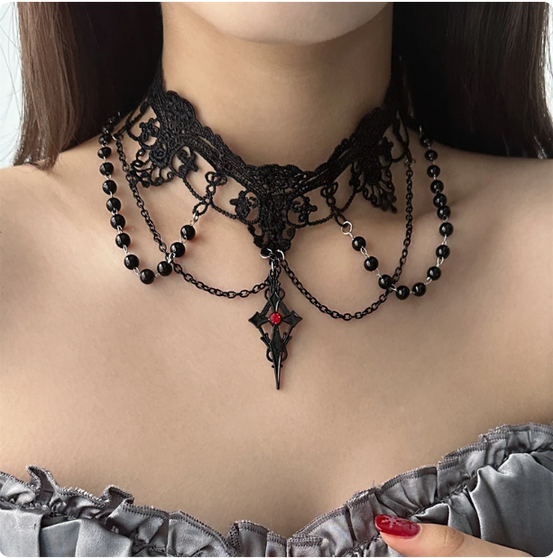 Gothic Black Lace Choker | Red Gem Cross Pendant Necklace