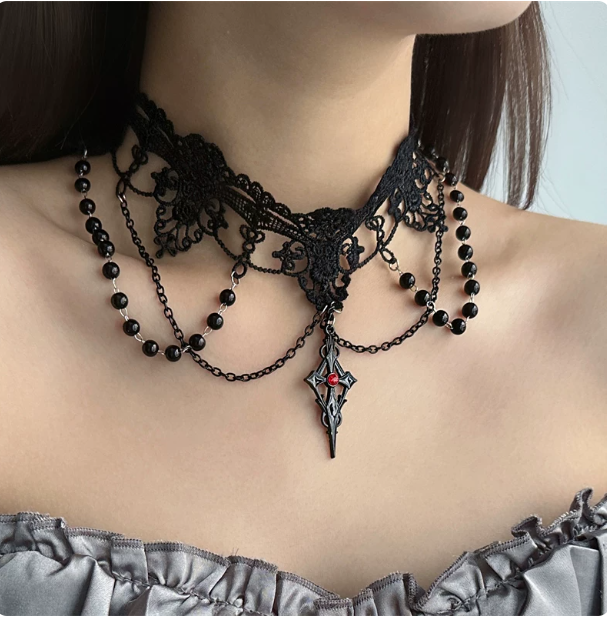 Gothic Black Lace Choker | Red Gem Cross Pendant Necklace