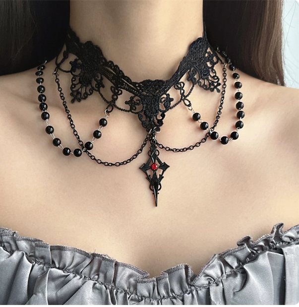 Gothic Black Lace Choker | Red Gem Cross Pendant Necklace
