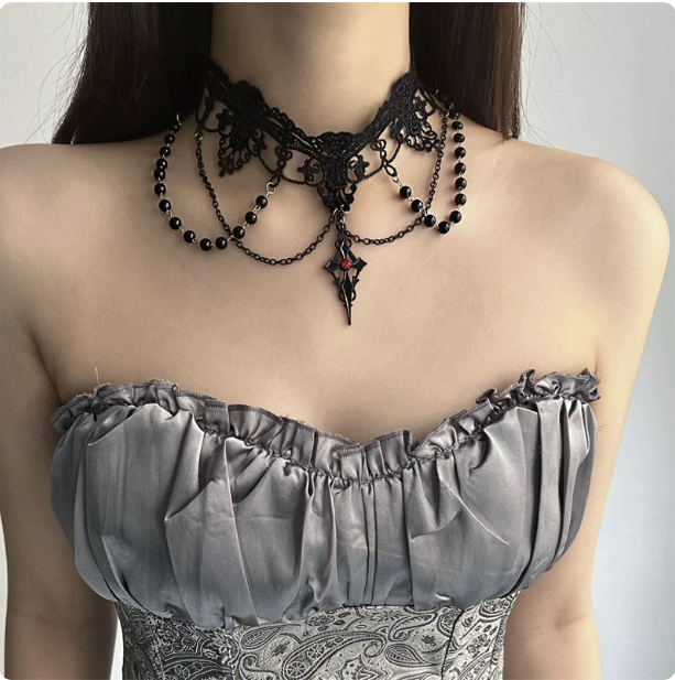 Gothic Black Lace Choker | Red Gem Cross Pendant Necklace