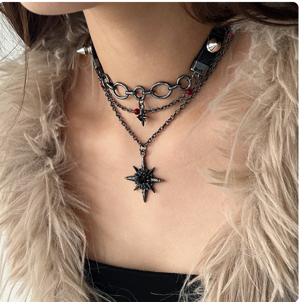 Punk Multi-layer Star Choker | Black Leather Spike Necklace