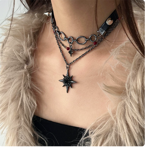 Punk Multi-layer Star Choker | Black Leather Spike Necklace