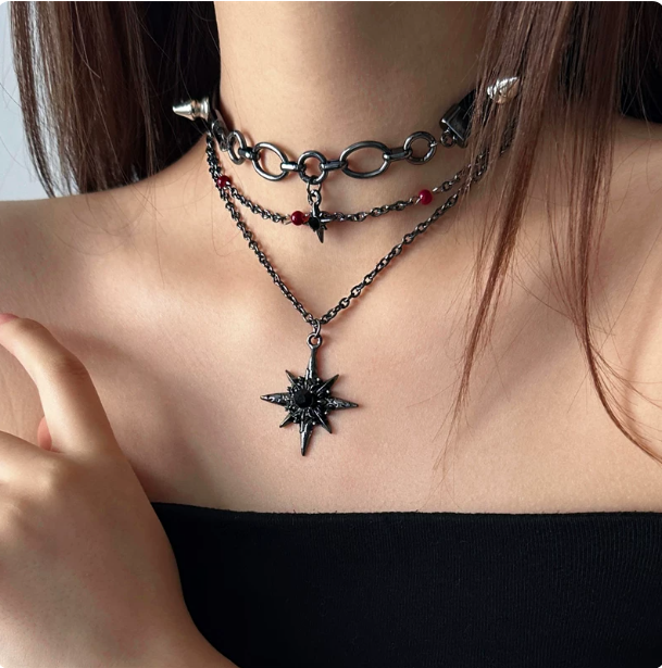 Punk Multi-layer Star Choker | Black Leather Spike Necklace