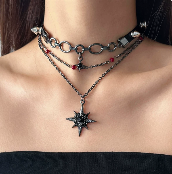 Punk Multi-layer Star Choker | Black Leather Spike Necklace