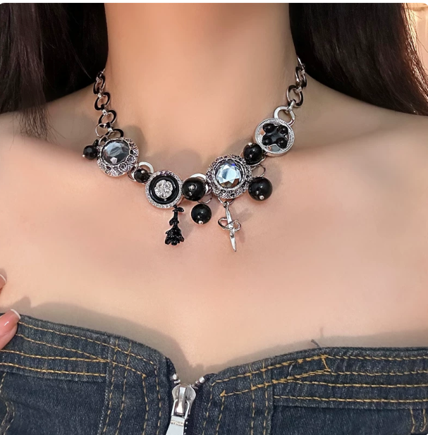 Y2K Punk Button Star Choker | Black Beaded Gothic Necklace