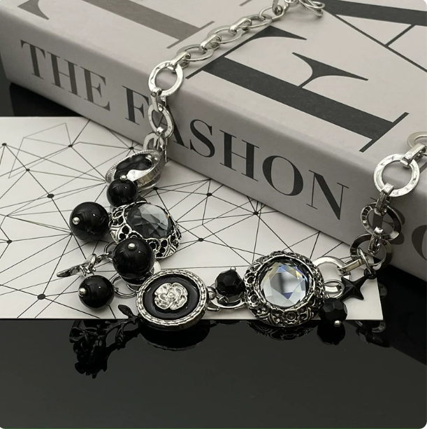 Y2K Punk Button Star Choker | Black Beaded Gothic Necklace