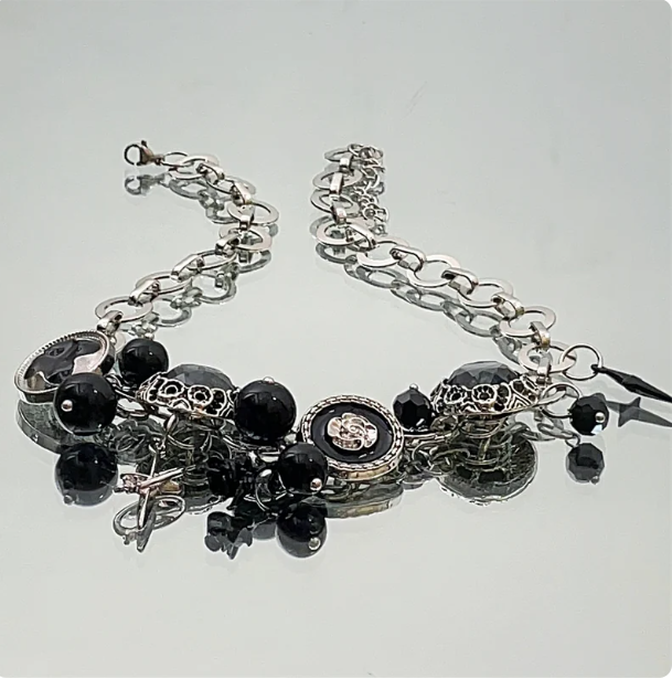 Y2K Punk Button Star Choker | Black Beaded Gothic Necklace