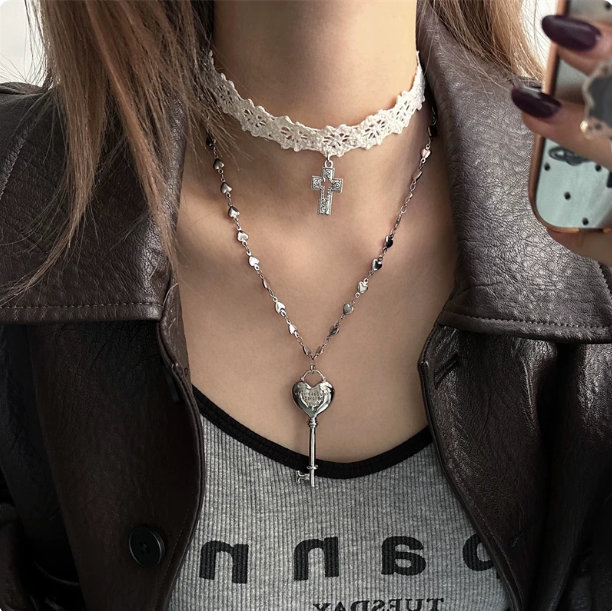 Y2K White Lace Cross Choker | Heart Key Layered Necklace