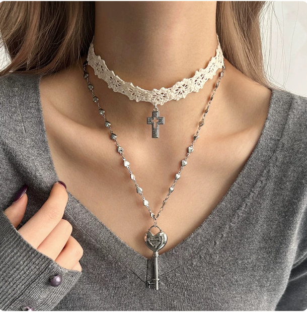 Y2K White Lace Cross Choker | Heart Key Layered Necklace
