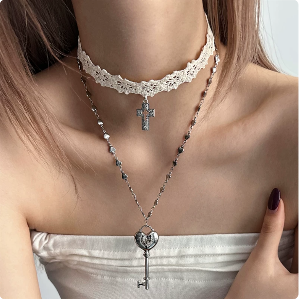 Y2K White Lace Cross Choker | Heart Key Layered Necklace