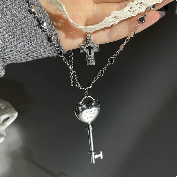 Y2K White Lace Cross Choker | Heart Key Layered Necklace