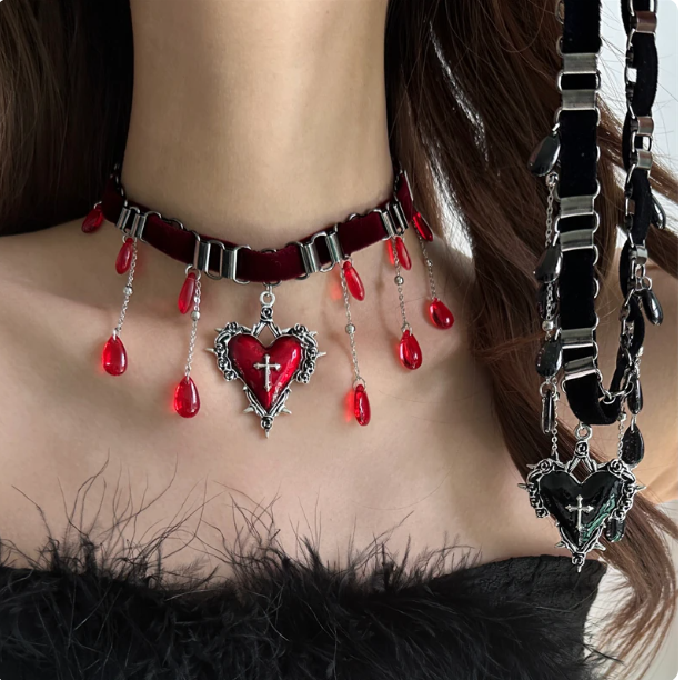 Gothic Velvet Heart Cross Choker | Red/Black Tassel Necklace