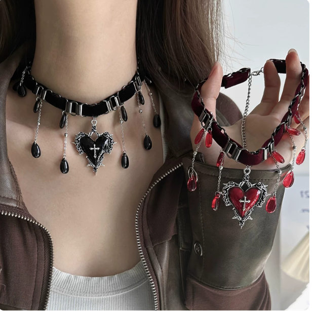 Gothic Velvet Heart Cross Choker | Red/Black Tassel Necklace