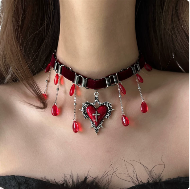 Gothic Velvet Heart Cross Choker | Red/Black Tassel Necklace