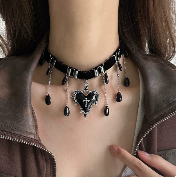 Gothic Velvet Heart Cross Choker | Red/Black Tassel Necklace