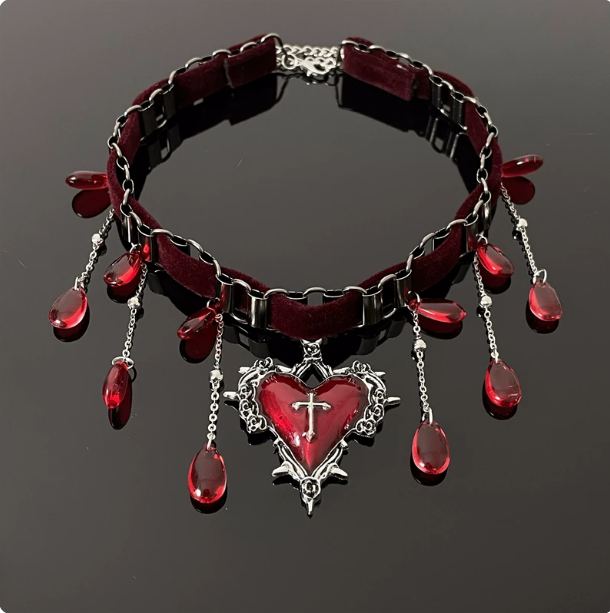 Gothic Velvet Heart Cross Choker | Red/Black Tassel Necklace