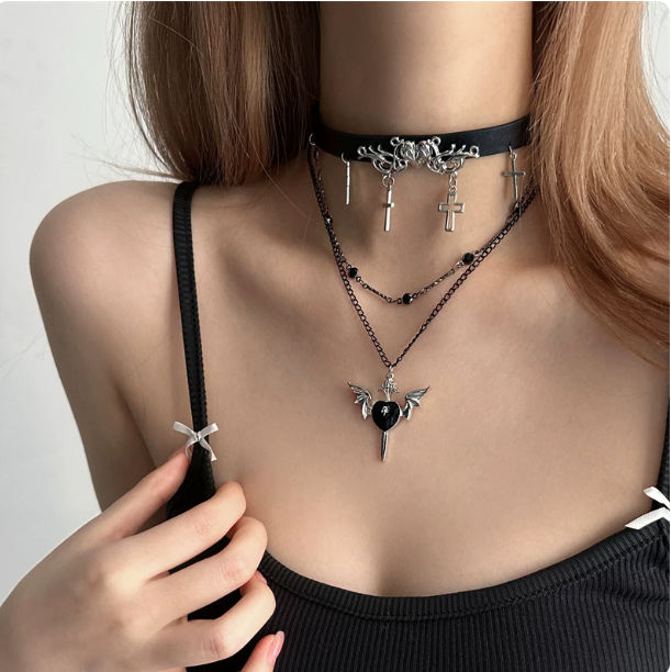 Y2K Gothic Leather Heart Choker | Multi-layer Cross Necklace