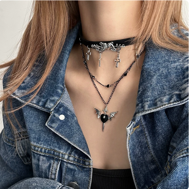 Y2K Gothic Leather Heart Choker | Multi-layer Cross Necklace