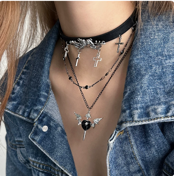 Y2K Gothic Leather Heart Choker | Multi-layer Cross Necklace