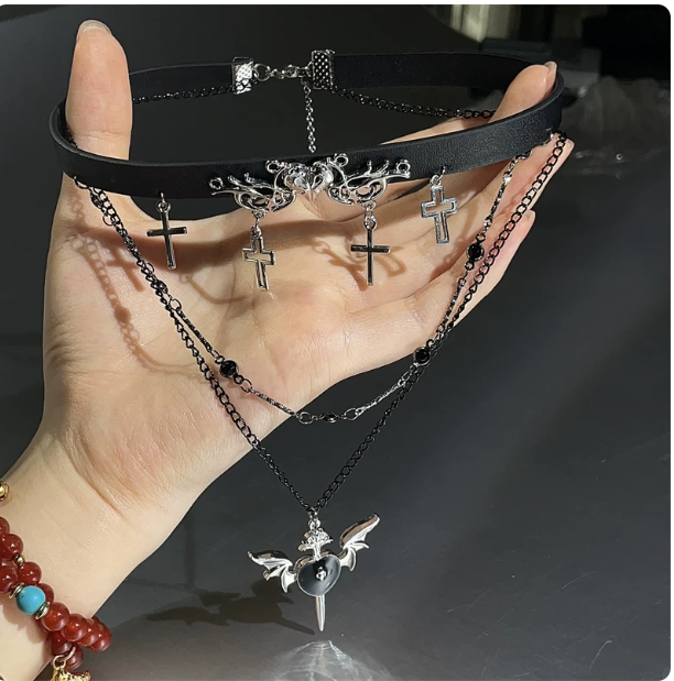Y2K Gothic Leather Heart Choker | Multi-layer Cross Necklace