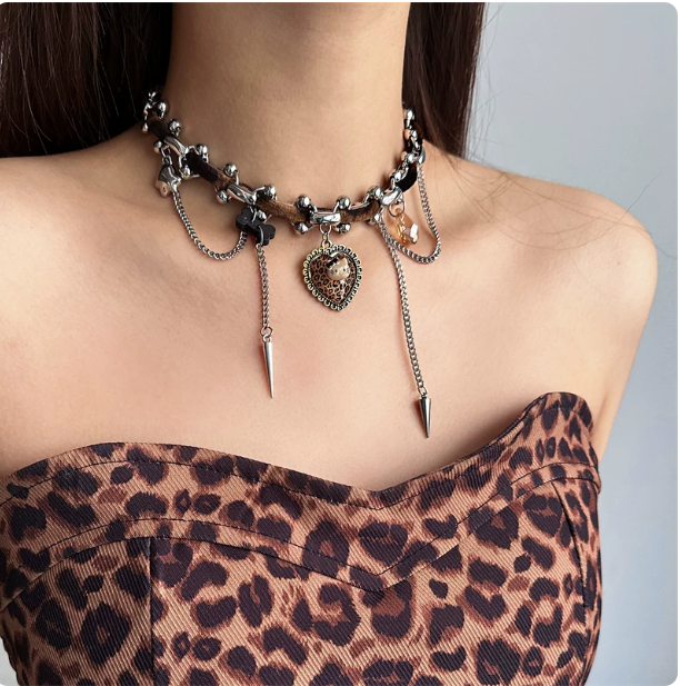 Y2K Brown Leather Kitty Heart Choker | Punk Spike Tassel Necklace