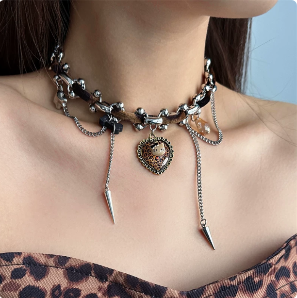 Y2K Brown Leather Kitty Heart Choker | Punk Spike Tassel Necklace