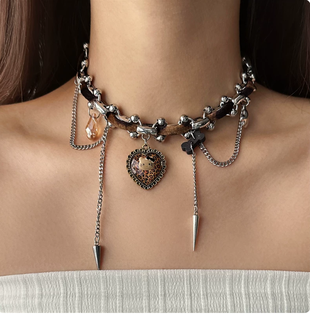 Y2K Brown Leather Kitty Heart Choker | Punk Spike Tassel Necklace