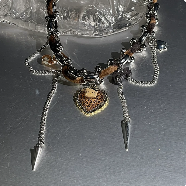 Y2K Brown Leather Kitty Heart Choker | Punk Spike Tassel Necklace