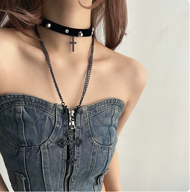 Y2K Gothic Leather Rivet Choker | Layered Cross Necklace