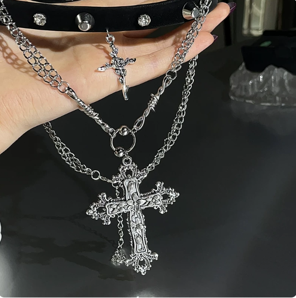 Y2K Gothic Leather Rivet Choker | Layered Cross Necklace
