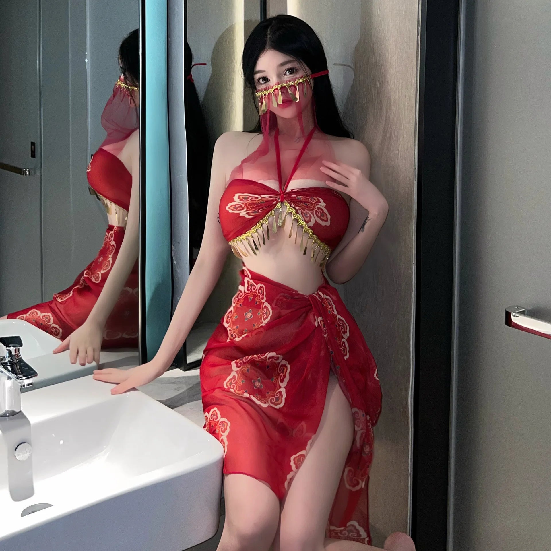 Belly Dance Dress Red Hanfu Halter lingerie Bellyband Dancer Cosplay Costume Bandage Skirt  with Veil