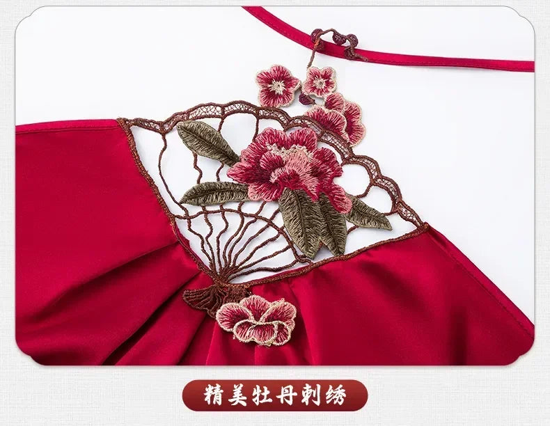 Red Embroidery Backless Hanfu Bellyband Dress Cosplay Women Sexy Lingerie Erotic Costume Chinese Traditional Retro Dresses