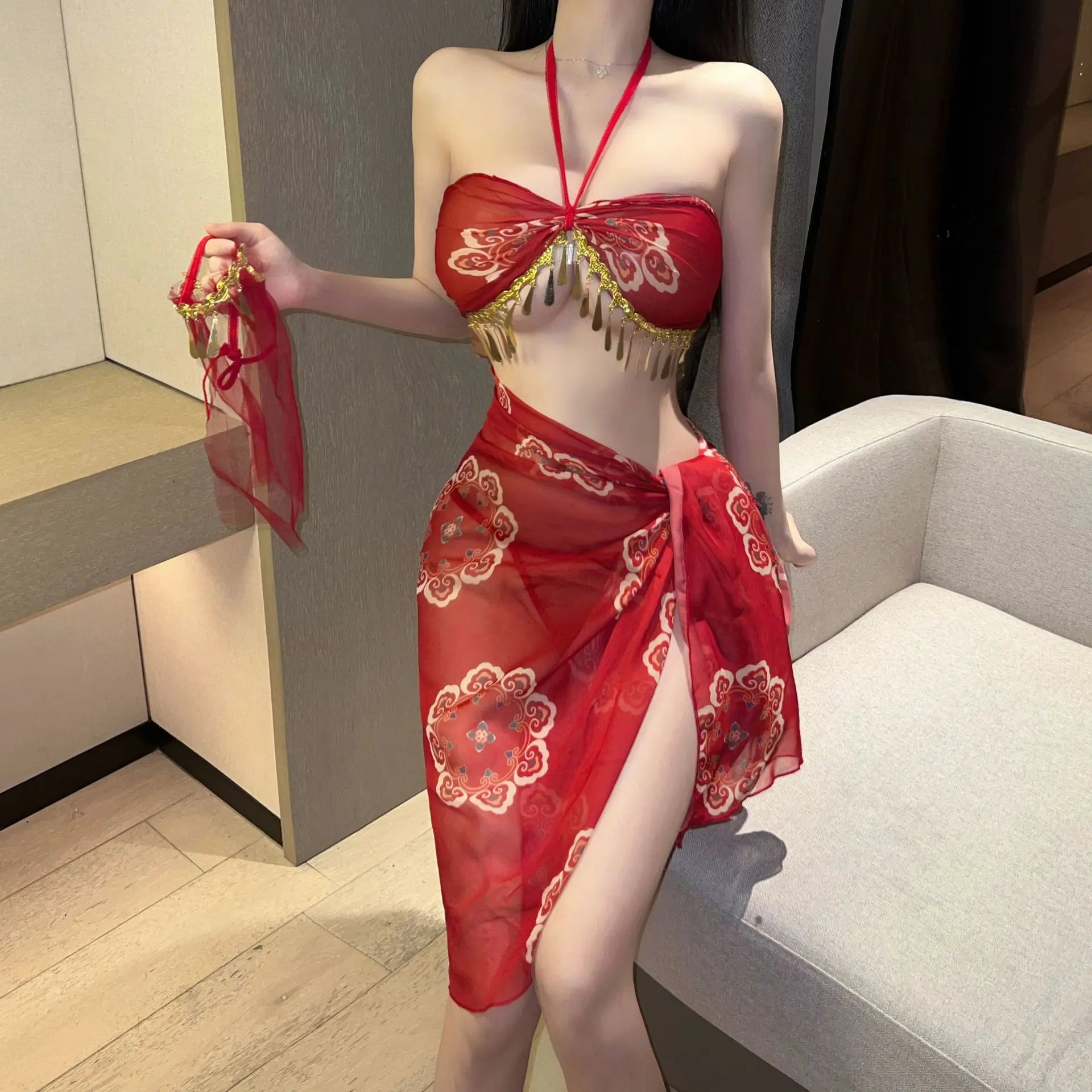 Belly Dance Dress Red Hanfu Halter lingerie Bellyband Dancer Cosplay Costume Bandage Skirt  with Veil