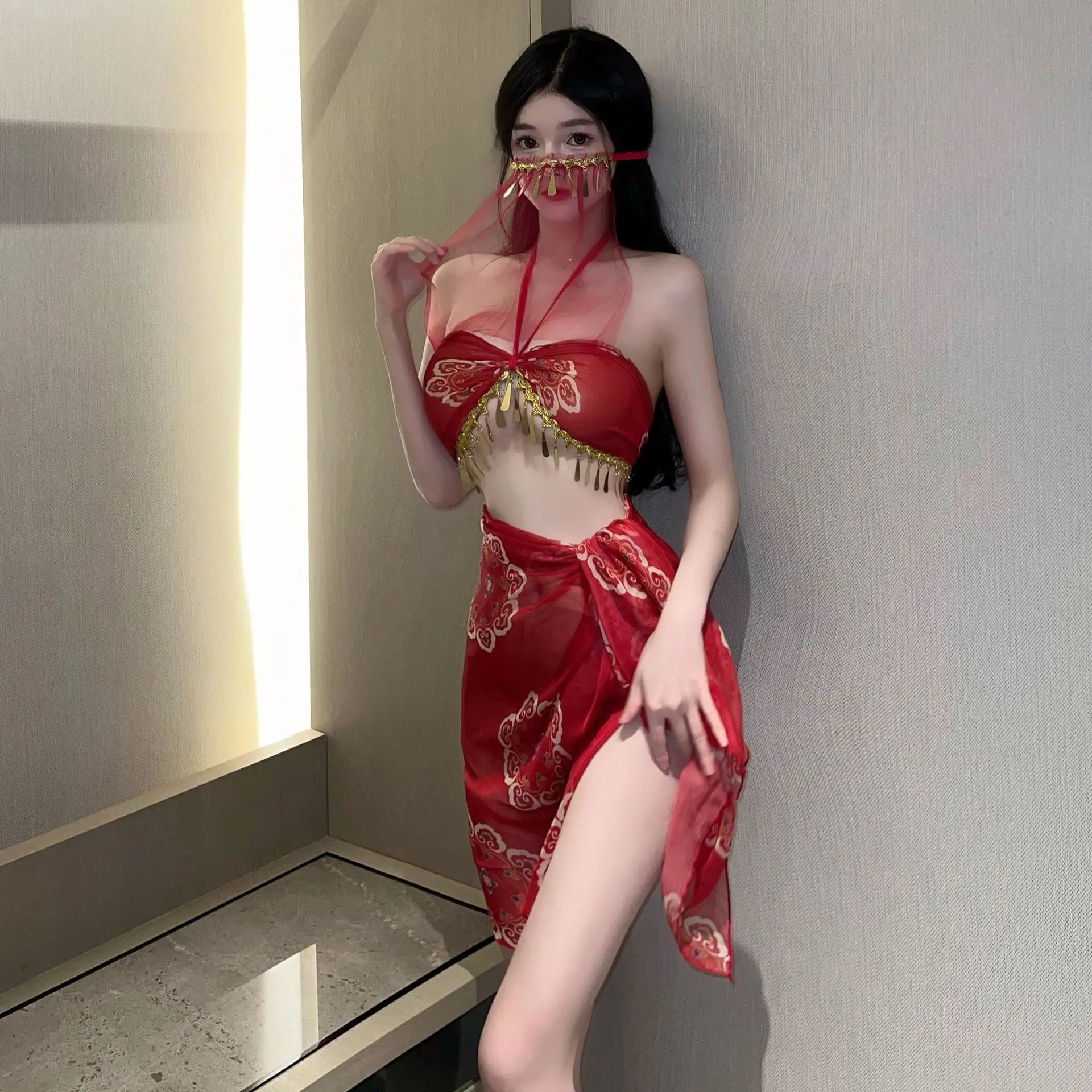 Belly Dance Dress Red Hanfu Halter lingerie Bellyband Dancer Cosplay Costume Bandage Skirt  with Veil