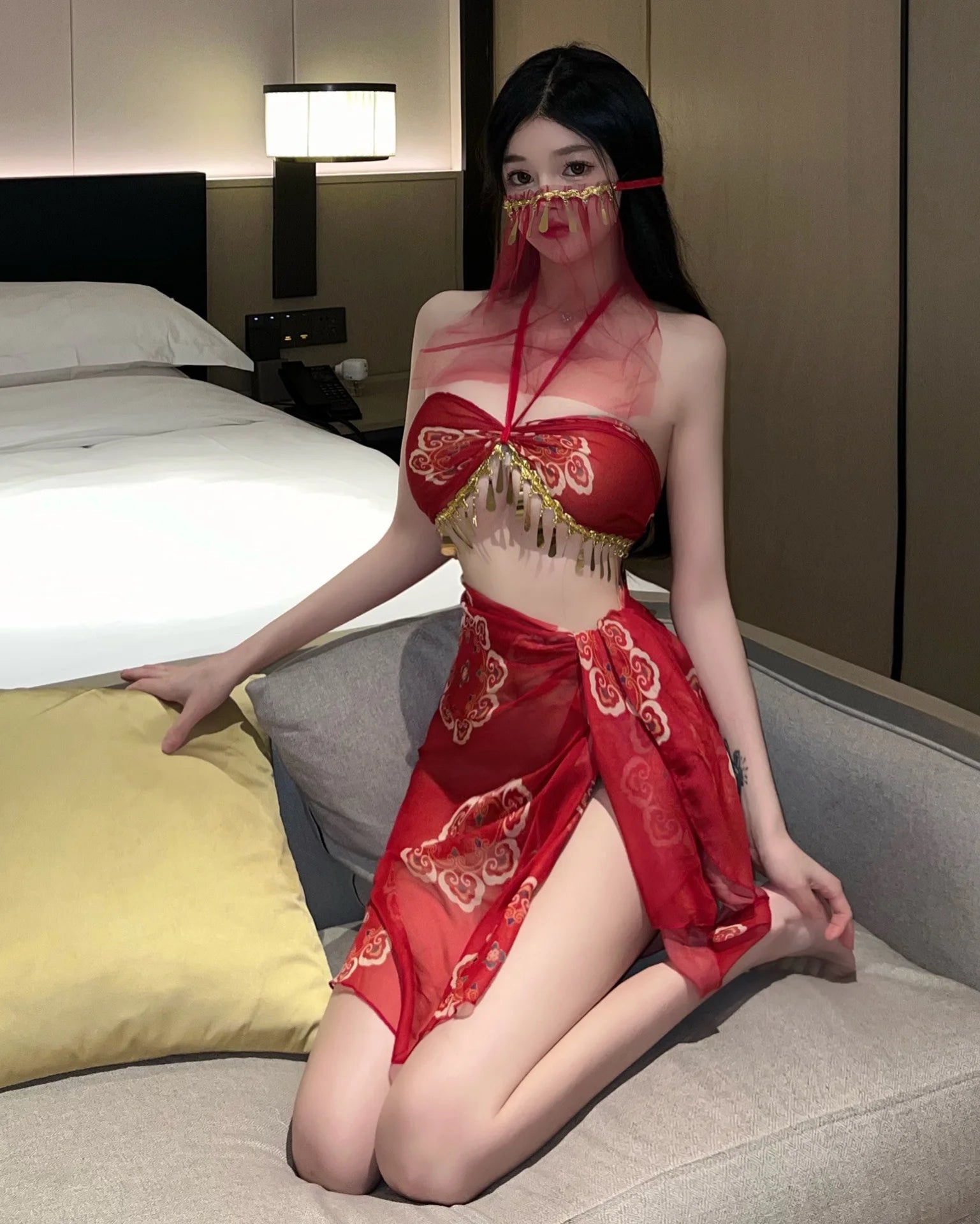 Belly Dance Dress Red Hanfu Halter lingerie Bellyband Dancer Cosplay Costume Bandage Skirt  with Veil