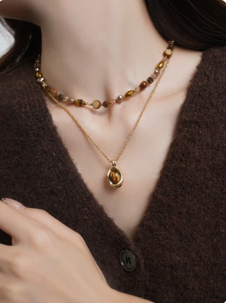2-Layer Tiger Eye Necklace | Beaded & Gold Chain