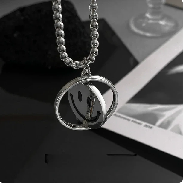 Rotatable Happy & Sad Face Necklace, Unisex Titanium Steel Hip-Hop Pendant