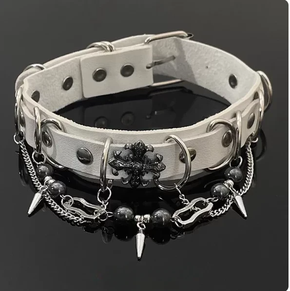 Punk Leather Cross Choker | Black/White Spike Chain Choker
